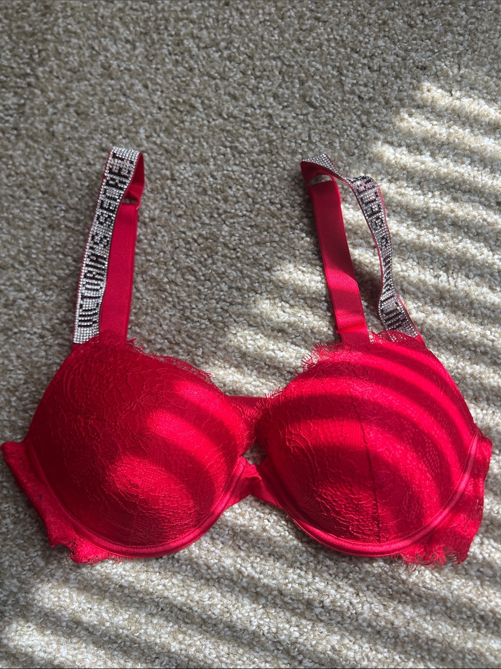 Victoria's Secret Red Lace Push-Up Bra with Rhinestone Straps